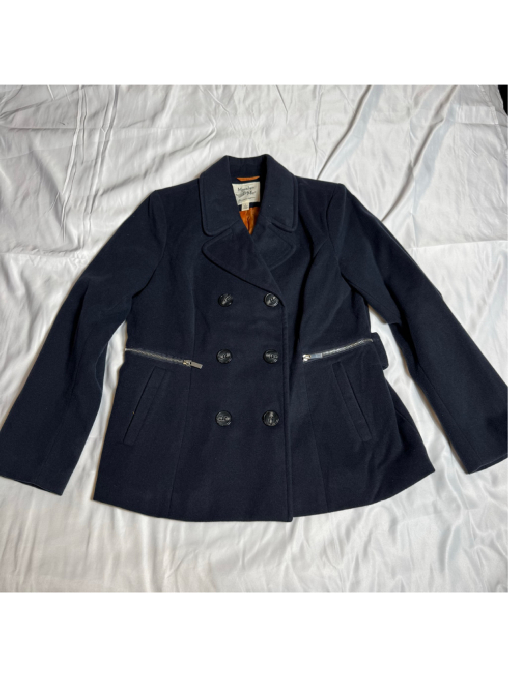 Women's Maralyn & Me Pea Coat, Size L, Navy and Orange